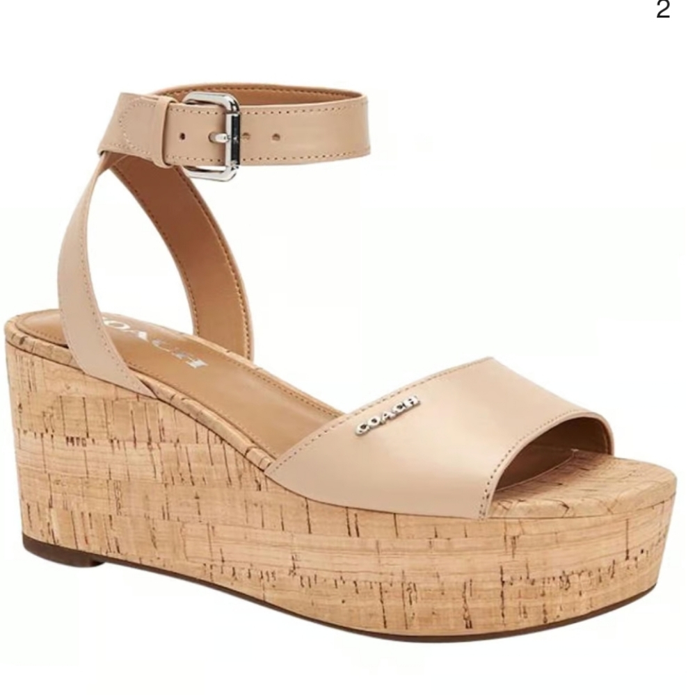 Coach Cream Tan Wedge Sandals with Cork Platform